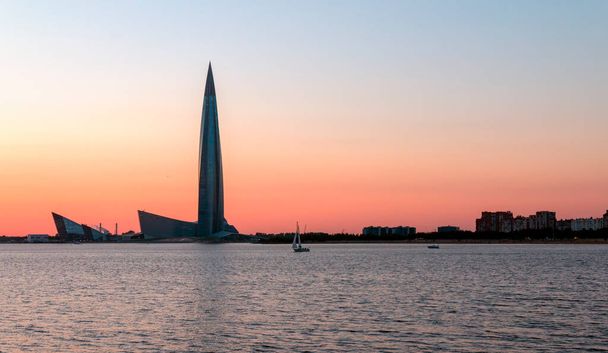 Sunset on the Gulf of Finland and view of the Lakhta center skyscraper. St. Petersburg, Russia - October 14, 2020 - Photo, Image
