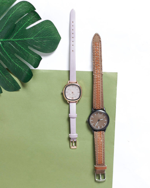 Simple and elegant watch with a soft color. A watch that is suitable for use by men or women. Plain watch without pattern. Free space for your ad. Watch mockup. Focus blur. - Φωτογραφία, εικόνα