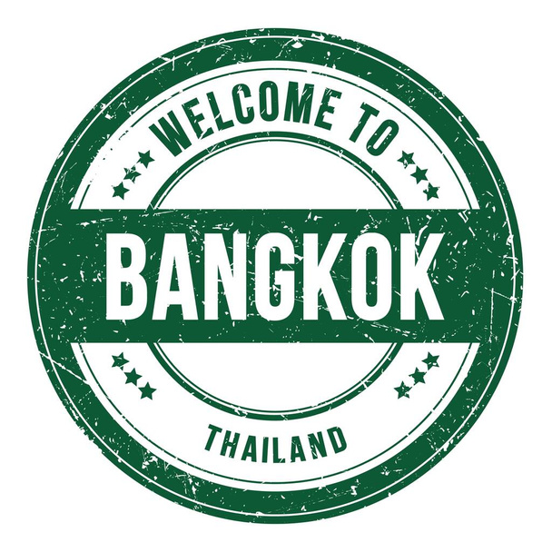 WELCOME TO BANGKOK - THAILAND, words written on green round coin stamp - Photo, Image