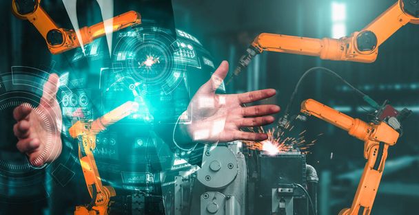 Mechanisierte Industrie Roboterarm und Fabrikarbeiter Doppelbelastung - Foto, Bild