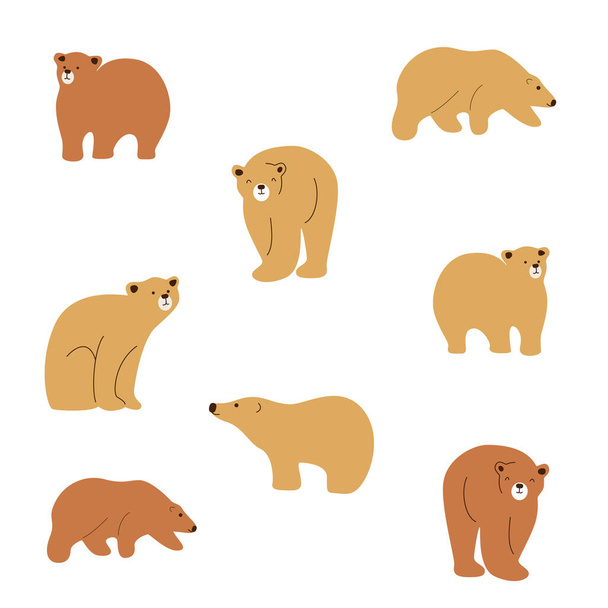 Векторный набор милых нарисованных медведей. Медведи в разных позах. Бежевый медведь, бурый медведь. Семья медведей, стадо медведей. Медвежьи узоры. Раскраска, текстиль, обои, мультфильм. - Вектор,изображение