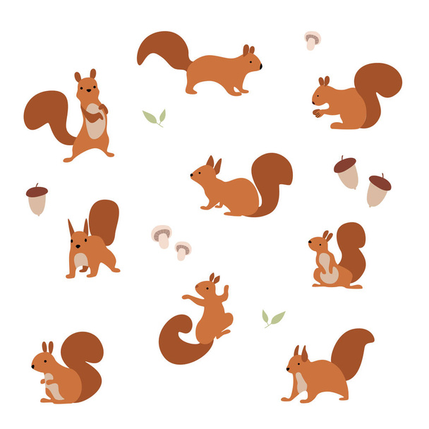 Illustration vectorielle. Un ensemble d'écureuils joyeux qui mangent des noix et marchent. - Vecteur, image