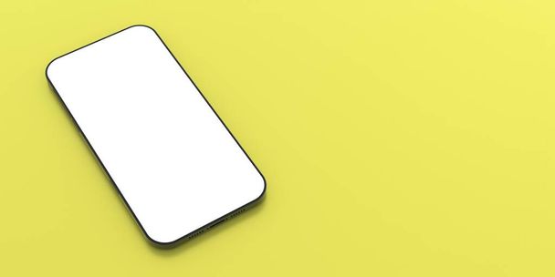 Smartphone, telefone celular com tela branca em branco no fundo de cor amarela, espaço de cópia, anunciar modelo. ilustração 3d - Foto, Imagem
