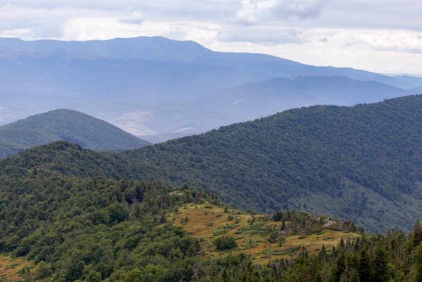 Verkhovyna Watershed Range, Pikui Mountain. Καρπάθια βουνά με καταπράσινες πλαγιές και βράχια στο όρος Πίκουι. Όμορφο ορεινό τοπίο το καλοκαίρι. Ορεινό καλοκαιρινό τοπίο. φωτογραφικό χαρτί τοίχου. - Φωτογραφία, εικόνα