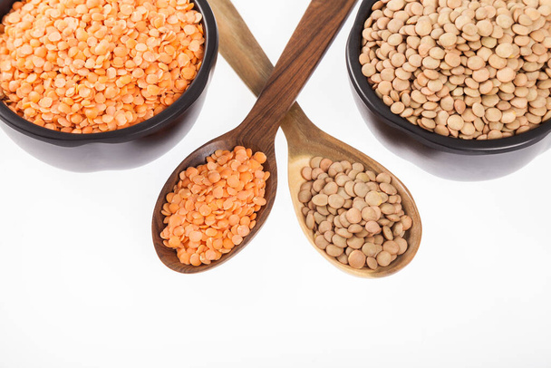Very Healthy Food; Raw Lentils and Peeled Red Lentils - Foto, afbeelding