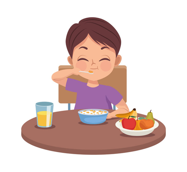 朝食を食べる小さな男の子 - ベクター画像