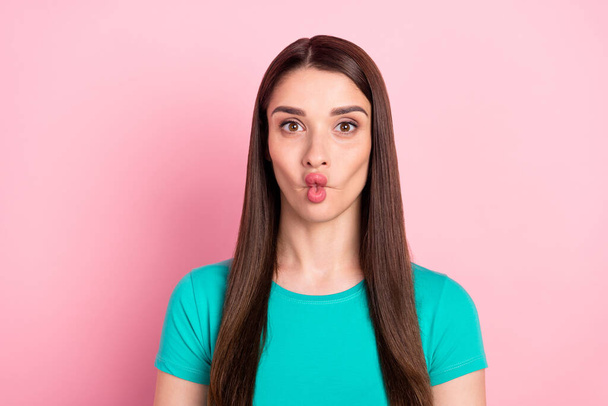 Photo of young woman plump lips have fun playful fooling grimace isolated over pink color background - Foto, Imagem