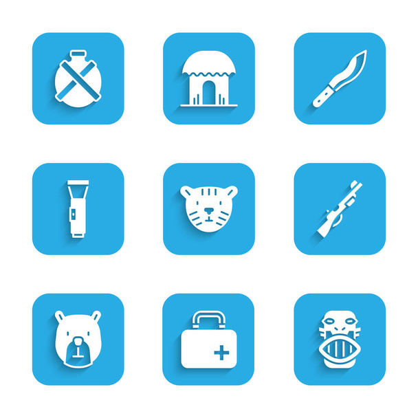Set Tiger head, First aid kit, Mexican mayan or aztec mask, Hunting gun, Bear, Flashlight, Machete and Canteen water bottle icon. Vector - Vector, Image