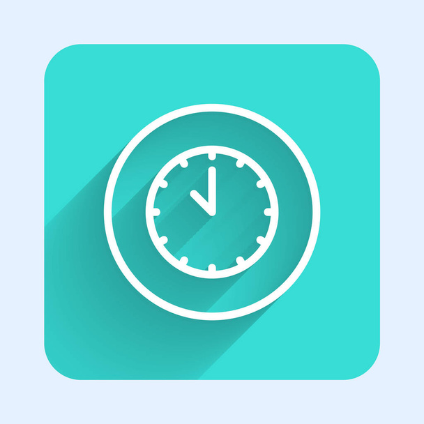 White line Clock icon isolated with long shadow background. Time symbol. Green square button. Vector - Wektor, obraz