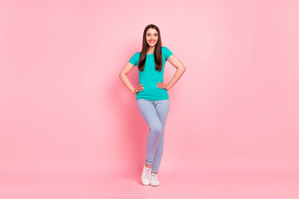 Full body photo of young attractive woman happy positive smile wear casual outfit isolated over pastel color background - Foto, afbeelding