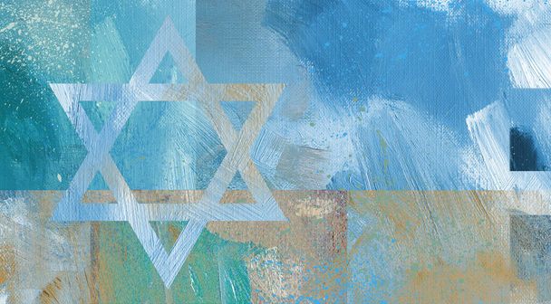 Abstrakcyjny projekt graficzny złożony z kultowej Gwiazdy Dawida przeciwko teksturowanym pociągnięciom pędzla farbą olejną. Możliwość wykorzystania do tematów religijnych, uroczystości i świąt żydowskich. - Zdjęcie, obraz