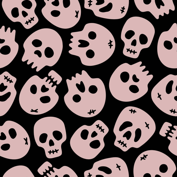 Hand drawn seamless vector pattern with skulls. Spooky background for Halloween party, autumn holidays and decorative design. Festive repeatable backdrop, flat style. Vector illustration - Vector, Image