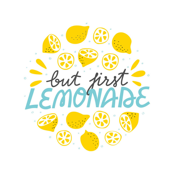 Limonade-Zeichen. Frischer Zitronensommer Schriftzug mit Blasen, Zitronen, Hälften und Scheiben. - Vektor, Bild
