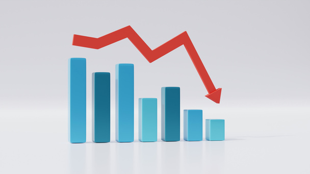 3d isolado bar gráfico diminuição com reflexão crescimento do negócio ou queda de estoque com seta tendência de baixa vermelha, previsão de estatísticas, lucro financeiro  - Foto, Imagem
