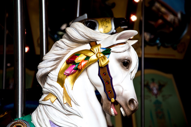 Cabeça de cavalo de carrossel branco nas sombras
 - Foto, Imagem