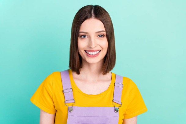 Photo of happy positive charming woman smile good mood wear casual outfit isolated on teal color background - Фото, зображення