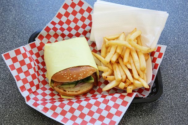 Sajtburger sült krumplival. Ebéd Friss Grillezett Sajt Burger és sült krumpli egy piros-fehér ellenőrző helyen szőnyeg egy gyorsétterem. Mindenki szereti a sajtburgert és a sült krumplit ebédre. - Fotó, kép