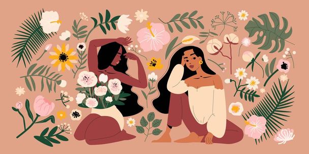 Vrouwen met bloemen illustratie - Vector, afbeelding