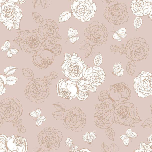 Shabby chic contour patterns of roses and butterflies, seamless pattern vector background. For home textiles, clothing, packaging, home decor, wallpaper and promotional materials - Vector, Imagen