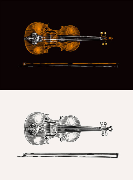 Jazz violin and bow in monochrome engraved vintage style. Hand drawn fiddle sketch for blues and ragtime festival poster. Musical classical stringed instrument. - Vector, Image