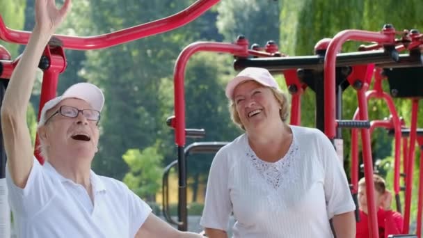I pensionati vanno a fare sport all'aria aperta. Il concetto di uno stile di vita sano nella vecchiaia - Filmati, video