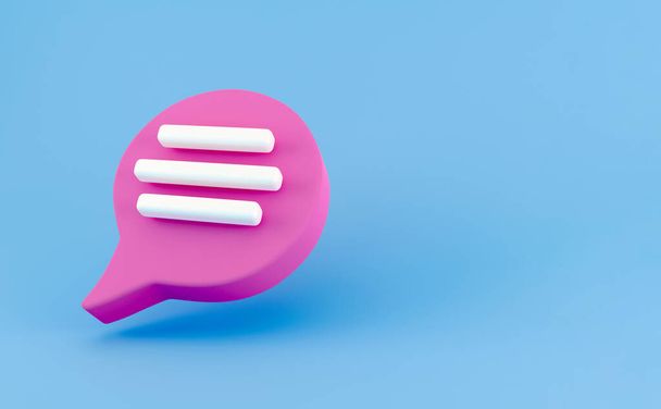 3D růžová Speech bublina chat ikona izolované na modrém pozadí. Koncept kreativity zprávy s prostorem pro kopírování textu. Symbol komunikace nebo komentáře. Minimalismus. 3D vykreslení ilustrací - Fotografie, Obrázek