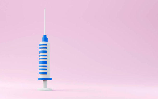 Aşı için 3D şırınga, aşı, iğne, grip aşısı. Tıbbi ekipmanlı aşı ikonu. Minimalizm kavramı. Kopyalama alanı ile 3d illüstrasyon oluşturucu - Fotoğraf, Görsel