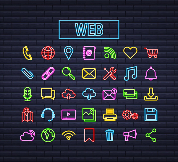 Web neon icon set. Business. Email icon. Video chat. Vector stock illustration. - Vettoriali, immagini