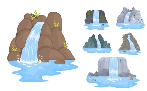 Set waterfall, landscapes with mountains and trees - Vector, imagen