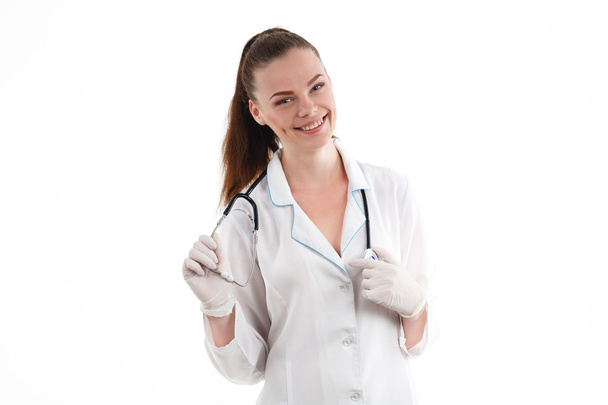 Happy smiling female doctor  isolated on white background - Fotografie, Obrázek