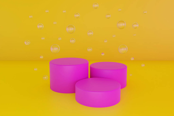 Bright yellow minimal three 3d background with neon effect. Poster design with studio podium platform, glass balls and bubbles. Abstract 3d render. - Foto, Imagen