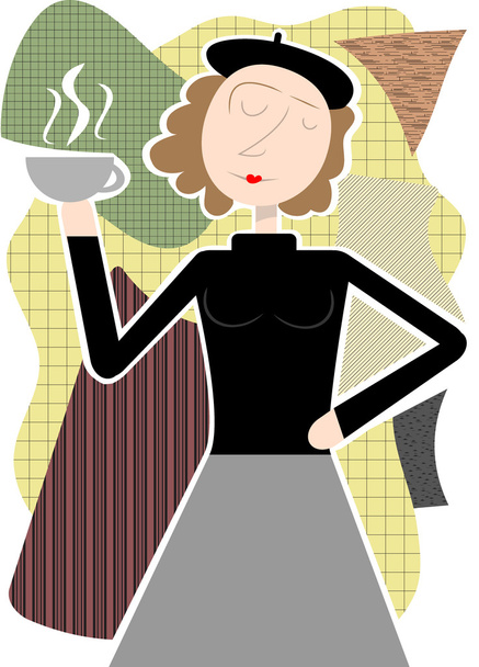Beatnik γυναίκα που κρατά φλιτζάνι καφέ αφηρημένα σχήματα - Διάνυσμα, εικόνα