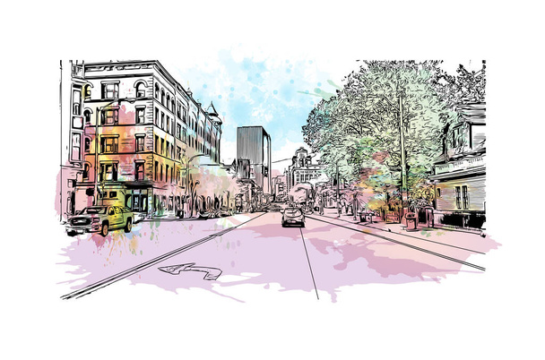 Print  Building view with landmark of Hartford is the capital of Connecticut. Watercolor splash with hand drawn sketch illustration in vector. - Vector, Image
