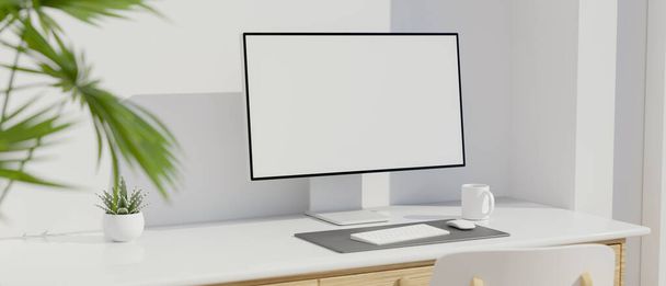 Zbliżenie, Nowoczesne miejsce pracy z biurkiem komputera i monitora puste makieta ekranu w minimalnym nowoczesnym wystroju wnętrz, renderowanie 3D, Ilustracja 3D - Zdjęcie, obraz