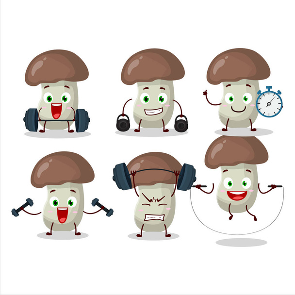 A healthy cep mushroom cartoon style trying some tools on Fitness center. Vector illustration - Вектор,изображение