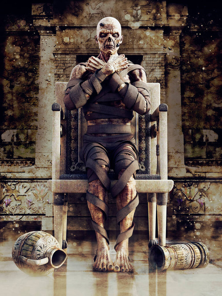 Фантастическая сцена с древнеегипетской мумией, сидящей на троне в старом храме. 3D рендеринг. - Фото, изображение