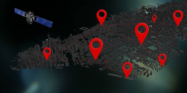 通信衛星インターネットシステムGPSピンニューヨーク市3Dイラスト - 写真・画像