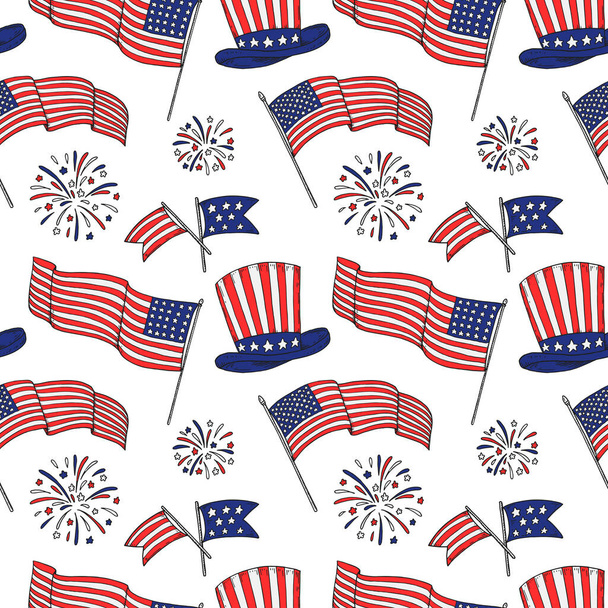 Fantasia patriottica senza soluzione di continuità con bandiere USA, fuochi d'artificio, cappello dello zio Sam. Illustrazione vettoriale - Vettoriali, immagini
