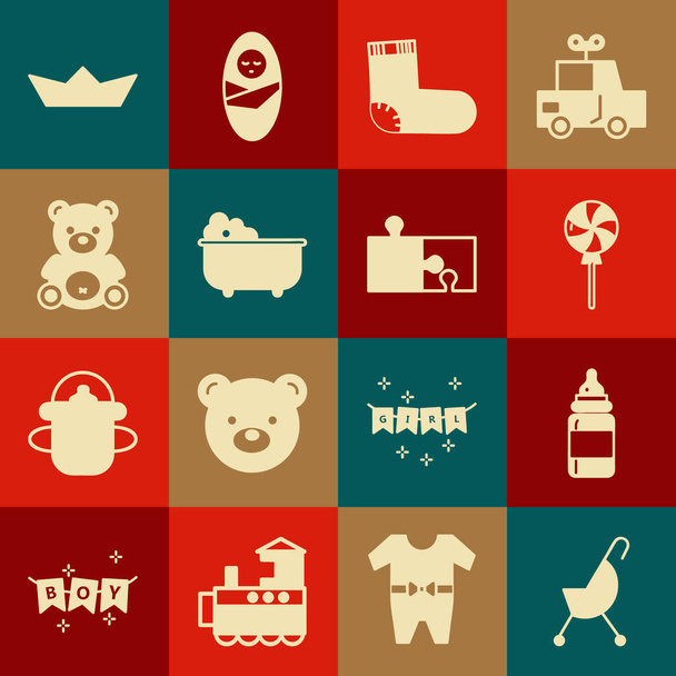 Set Kinderwagen, Flasche, Lollipop, Socken Kleidung, Badewanne, Teddybär Plüschtier, gefaltetes Papierboot und Puzzleteil-Symbol. Vektor - Vektor, Bild