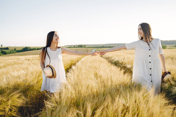 Portrait of two sisters in white dresses with long hair in a field - Foto, afbeelding
