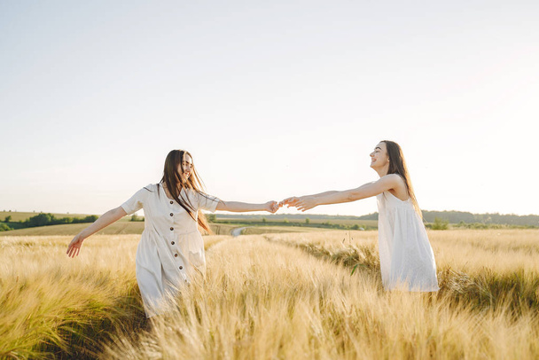 Portrait of two sisters in white dresses with long hair in a field - Foto, afbeelding