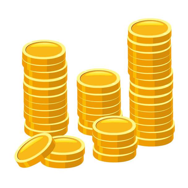 Gold Coins stack. Piles of golden money icon stacked in stacks, financial currencies stocks. Vector cartoon style illustration - Вектор,изображение