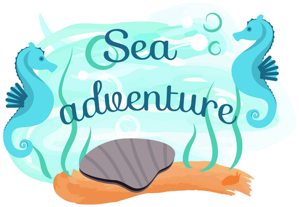 Underwater world with ocean fauna. Shell, seahorse and seaweed for summer adventure concept - Vecteur, image