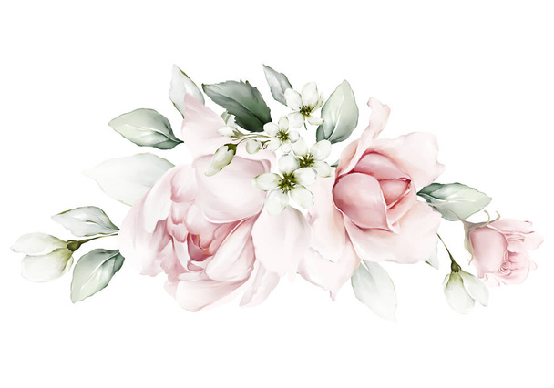 Greeting card with roses and foliage on a white background in a watercolor style  - Photo, Image