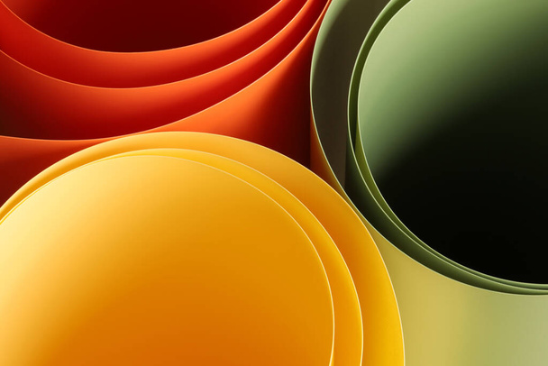 abstract vibrant color curve background, creative graphic wallpaper with orange, yellow and green for presentation, concept of dynamic movement and space, detail of bending plastic sheets - Φωτογραφία, εικόνα