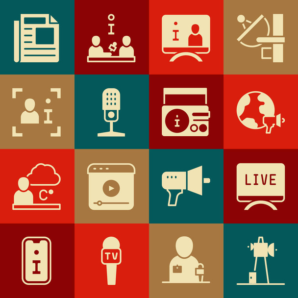 Set Antenne, Live verslag, Wereldnieuws, Televisie, Microfoon, Nieuws en radio-icoon. Vector - Vector, afbeelding