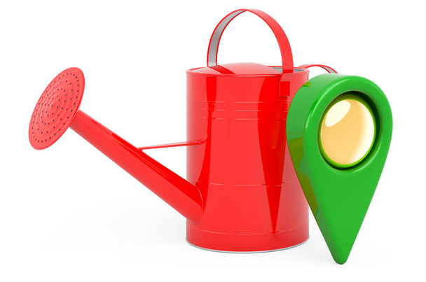 Watering can with map pointer. 3D rendering isolated on white background  - Φωτογραφία, εικόνα