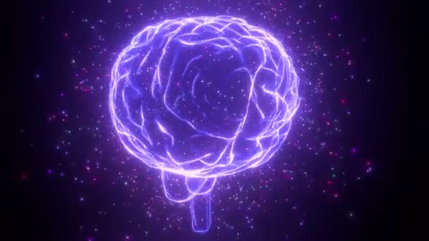 Roterend menselijk hersenhologram, vliegende deeltjes - denkproces concept - 3D 4k animatie (3840x2160 px). - Video