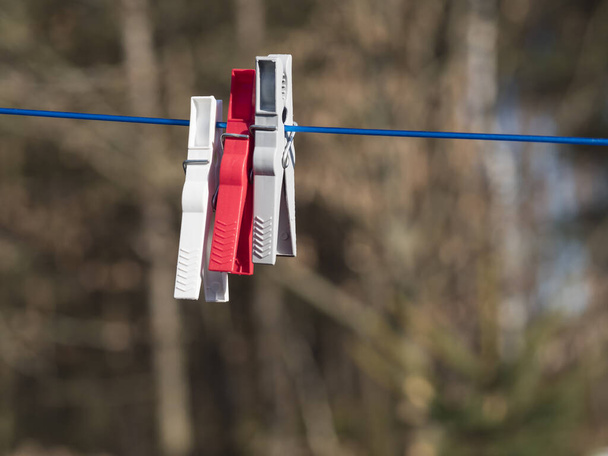 Three plastic cloths pegs, red white and gray attached to a washing line in a garden. Close up, selective focus. - Fotografie, Obrázek
