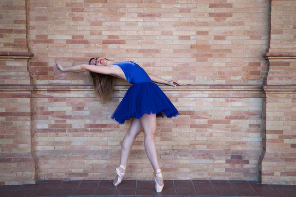 bailarino clássico com tutu azul de peru fazendo diferentes poses e posturas em um fundo de tijolos vermelhos. Conceito clássico de balé. - Foto, Imagem